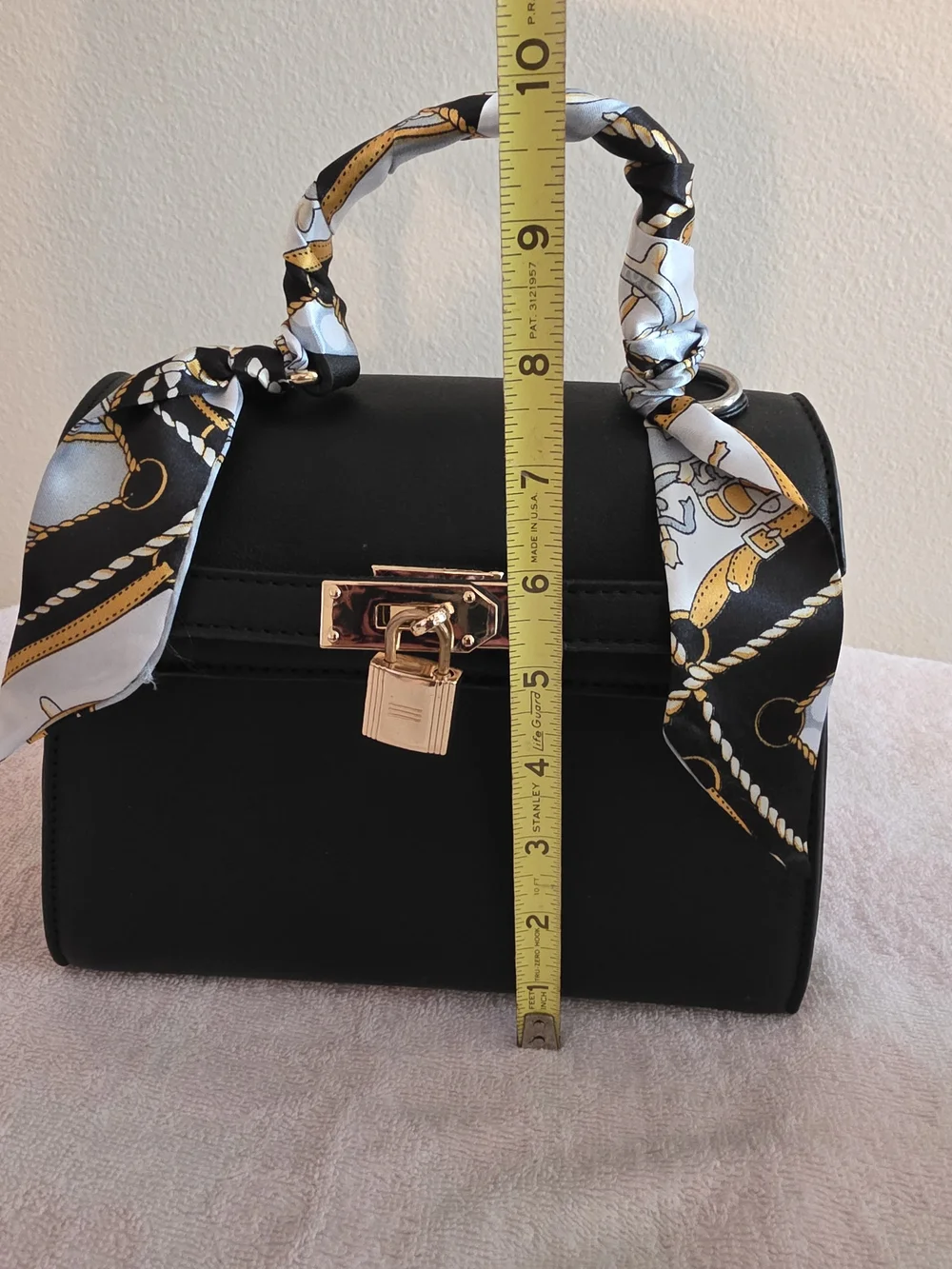 Classic Black Top-Handle Satchel with Scarf Accent